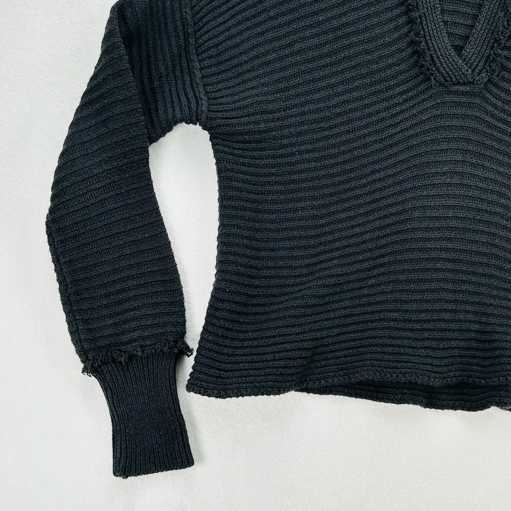 Free People Sweater Womens Small Black Chunky Rib Knit Collared Deep V Pullover